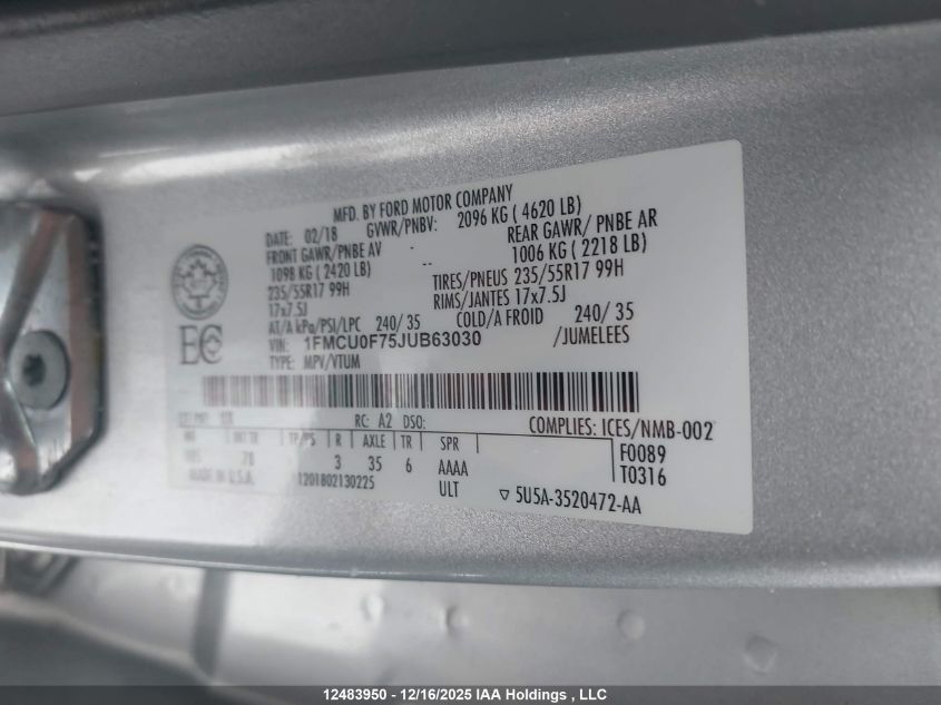 2018 Ford Escape S VIN: 1FMCU0F75JUB63030 Lot: 12483950