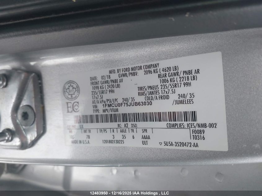 2018 Ford Escape S VIN: 1FMCU0F75JUB63030 Lot: 12483950