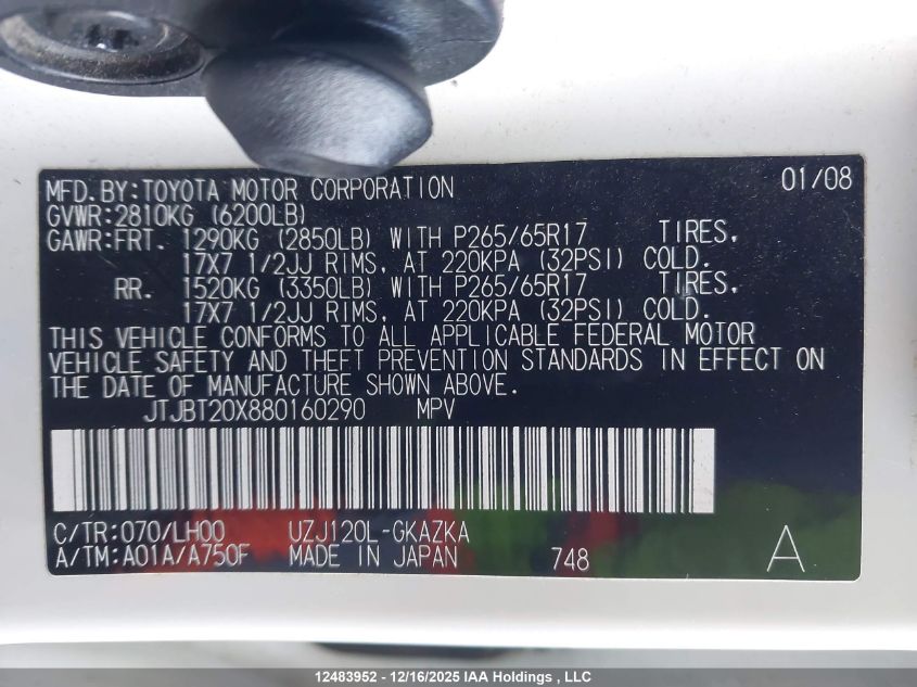 2008 Lexus Gx 470 470 VIN: JTJBT20X880160290 Lot: 12483952