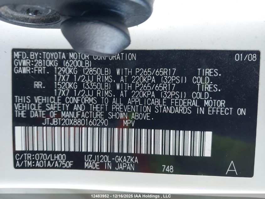 2008 Lexus Gx 470 470 VIN: JTJBT20X880160290 Lot: 12483952