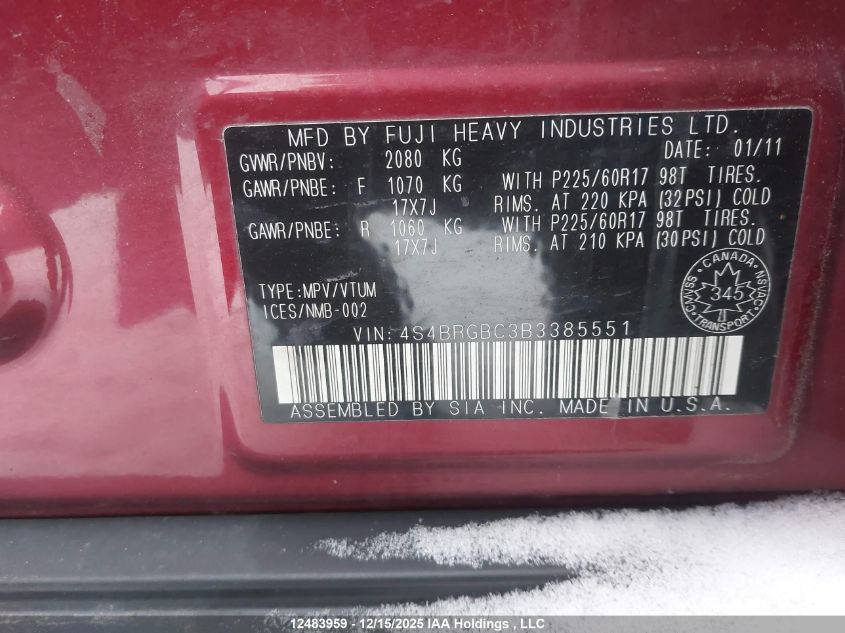 2011 Subaru Outback 2.5I Premium VIN: 4S4BRGBC3B3385551 Lot: 12483959