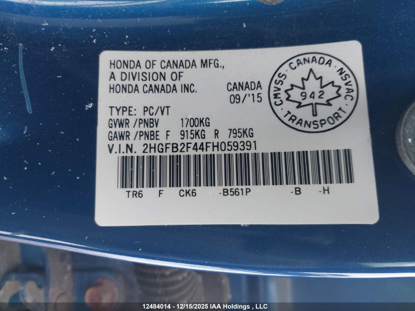 2015 Honda Civic Lx VIN: 2HGFB2F44FH059391 Lot: 12484014