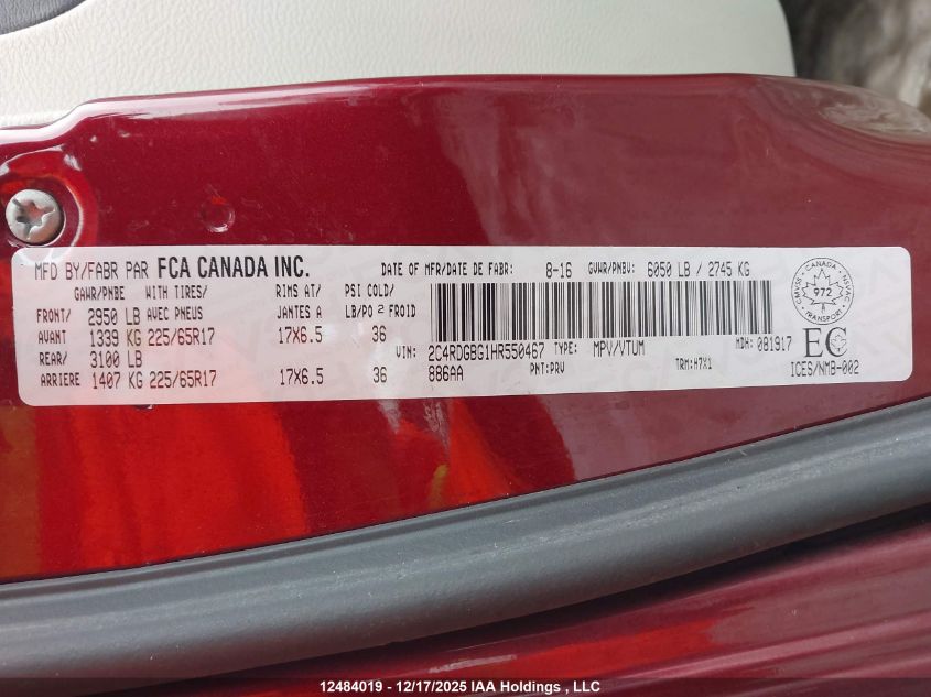 2017 Dodge Grand Caravan Se VIN: 2C4RDGBG1HR550467 Lot: 12484019