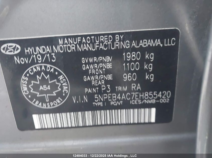2014 Hyundai Sonata Gls VIN: 5NPEB4AC7EH855420 Lot: 12484033
