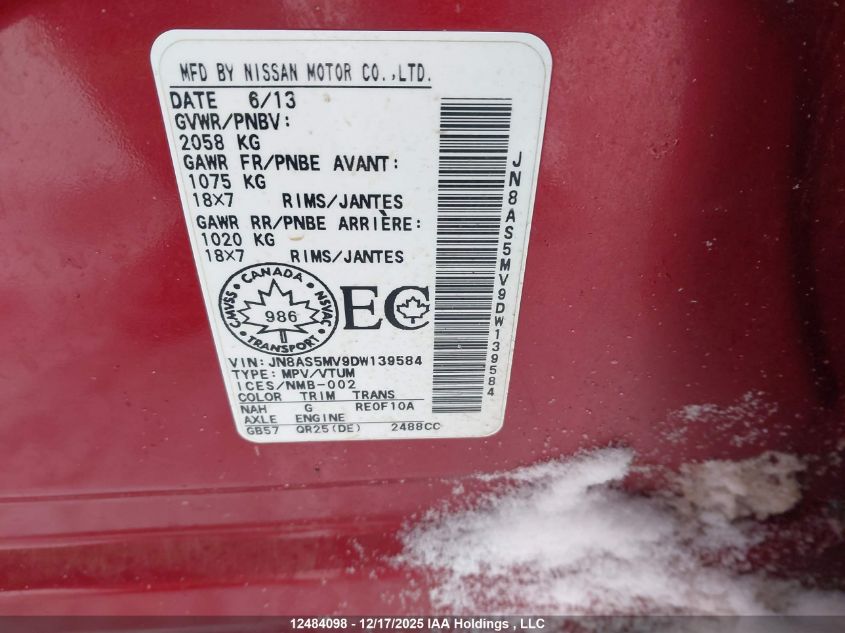 2013 Nissan Rogue S/Sl/Sv VIN: JN8AS5MV9DW139584 Lot: 12484098