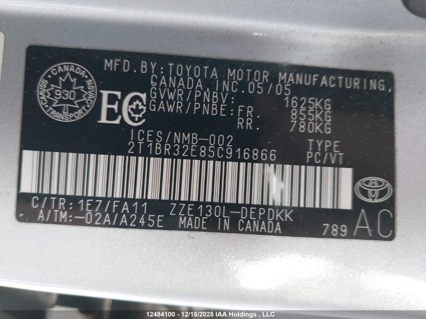 2005 Toyota Corolla Ce/Le/S VIN: 2T1BR32E85C916866 Lot: 12484100