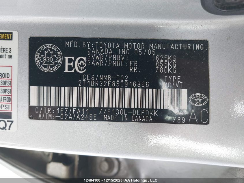 2005 Toyota Corolla Ce/Le/S VIN: 2T1BR32E85C916866 Lot: 12484100