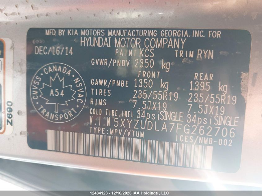 2015 Hyundai Santa Fe Sport 2.0T Se VIN: 5XYZUDLA7FG262706 Lot: 12484123