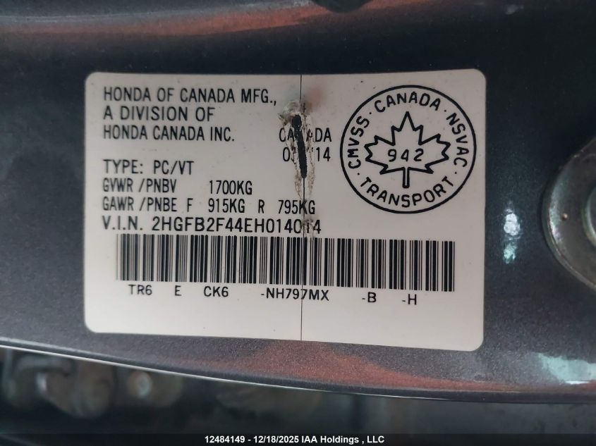 2014 Honda Civic Lx VIN: 2HGFB2F44EH014014 Lot: 12484149