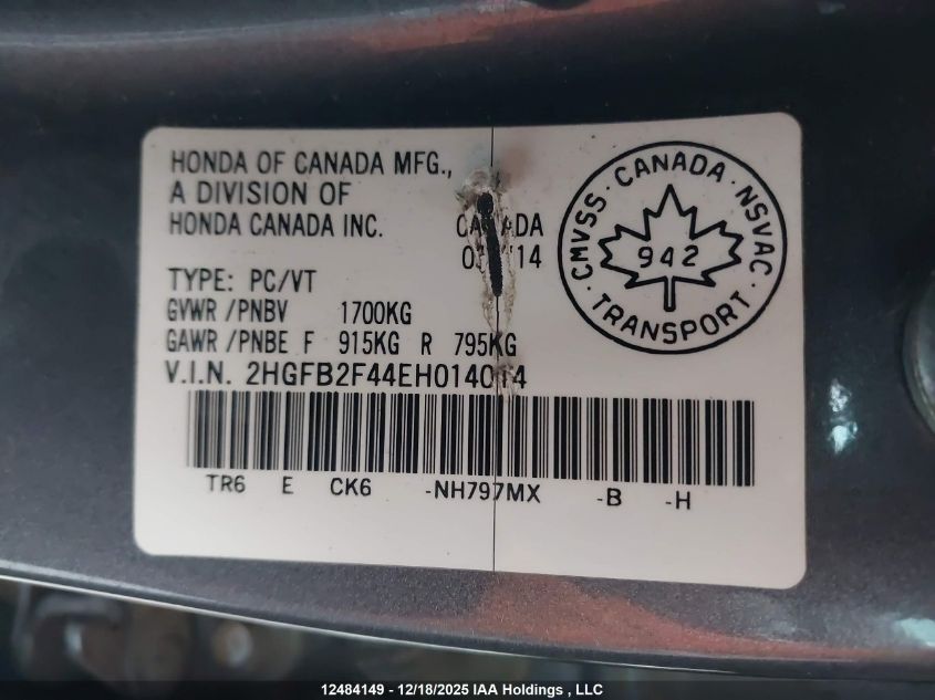 2014 Honda Civic Lx VIN: 2HGFB2F44EH014014 Lot: 12484149