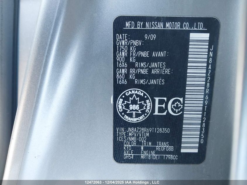 2009 Nissan Cube 1.8Sl VIN: JN8AZ28R69T128350 Lot: 12472063X
