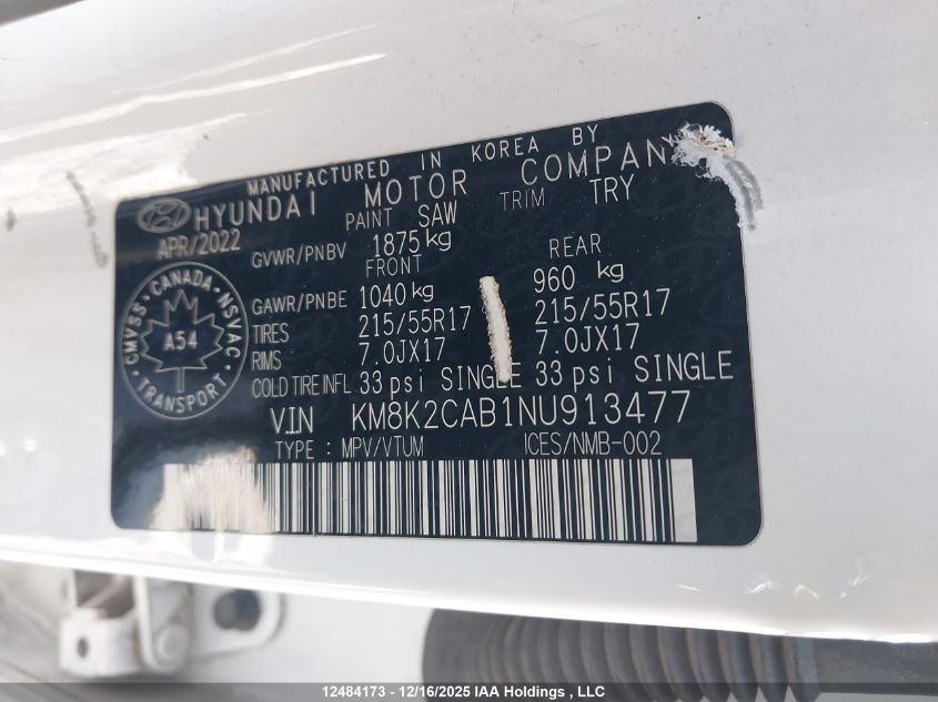 2022 Hyundai Kona Preferred Awd VIN: KM8K2CAB1NU913477 Lot: 12484173