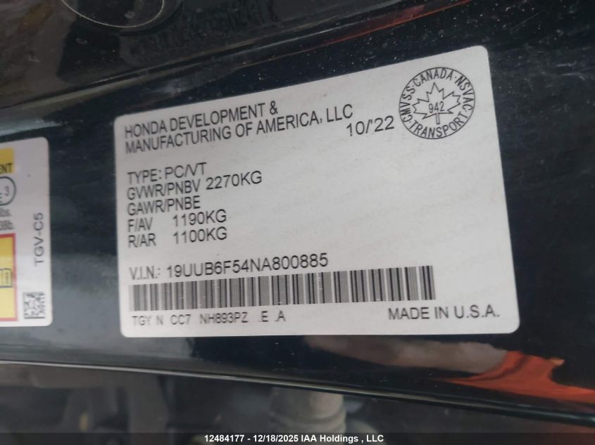 2022 Acura Tlx A-Spec Package VIN: 19UUB6F54NA800885 Lot: 12484177