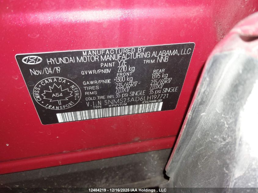 2020 Hyundai Santa Fe Essential Fwd VIN: 5NMS23AD6LH197721 Lot: 12484219