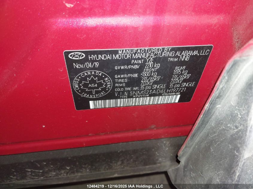 2020 Hyundai Santa Fe Essential Fwd VIN: 5NMS23AD6LH197721 Lot: 12484219