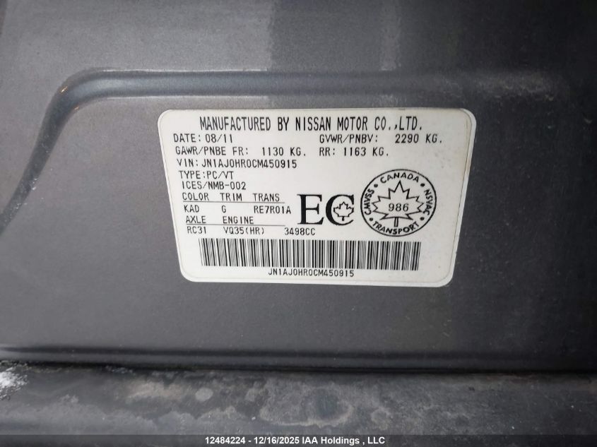 2012 Infiniti Ex35 Journey VIN: JN1AJ0HR0CM450915 Lot: 12484224