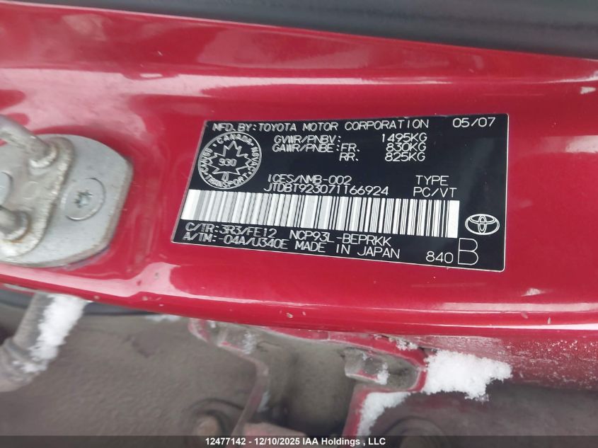 2007 Toyota Yaris VIN: JTDBT923071166924 Lot: 12477142X