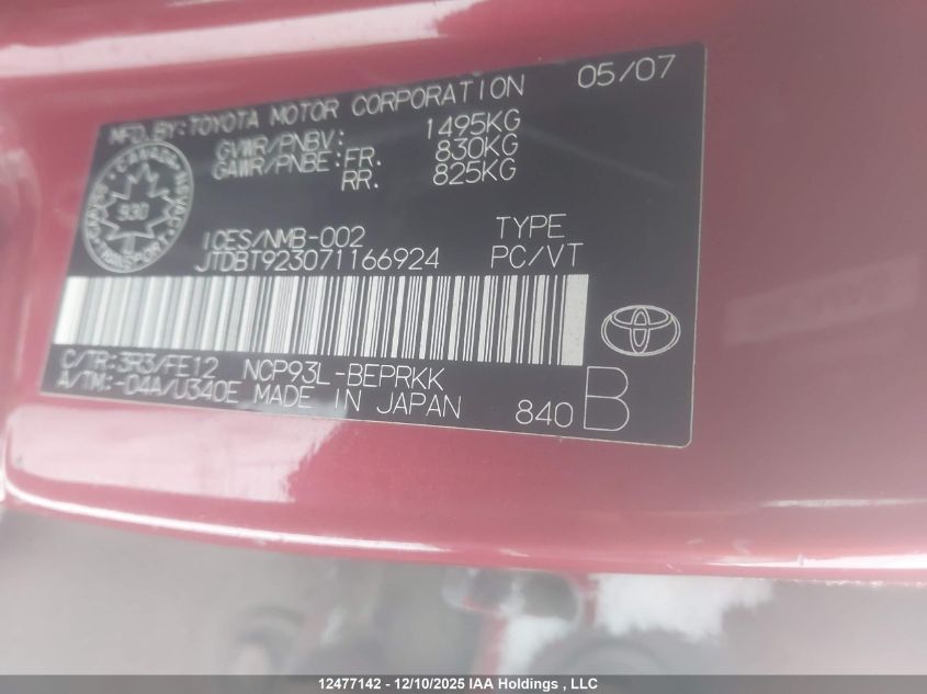 2007 Toyota Yaris VIN: JTDBT923071166924 Lot: 12477142X