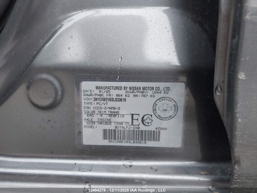 2025 Nissan Versa Sv VIN: 3N1CN8EV6SL833618 Lot: 12484278