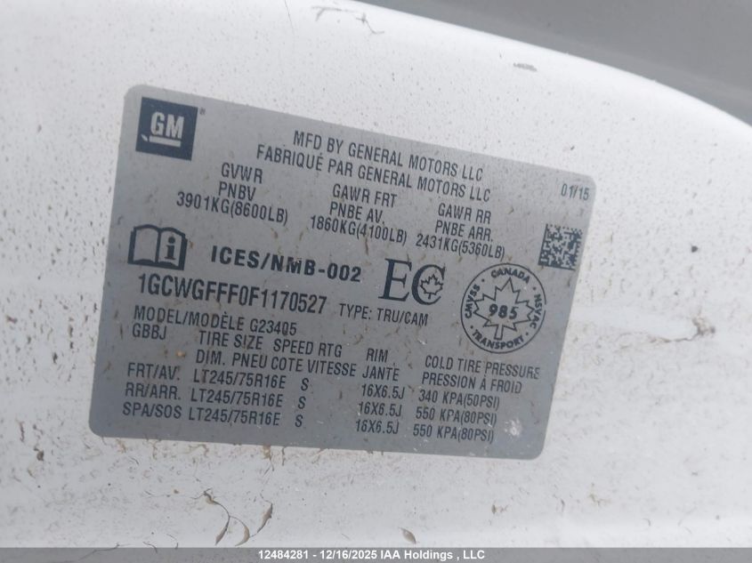 2015 Chevrolet Express G2500 VIN: 1GCWGFFF0F1170527 Lot: 12484281