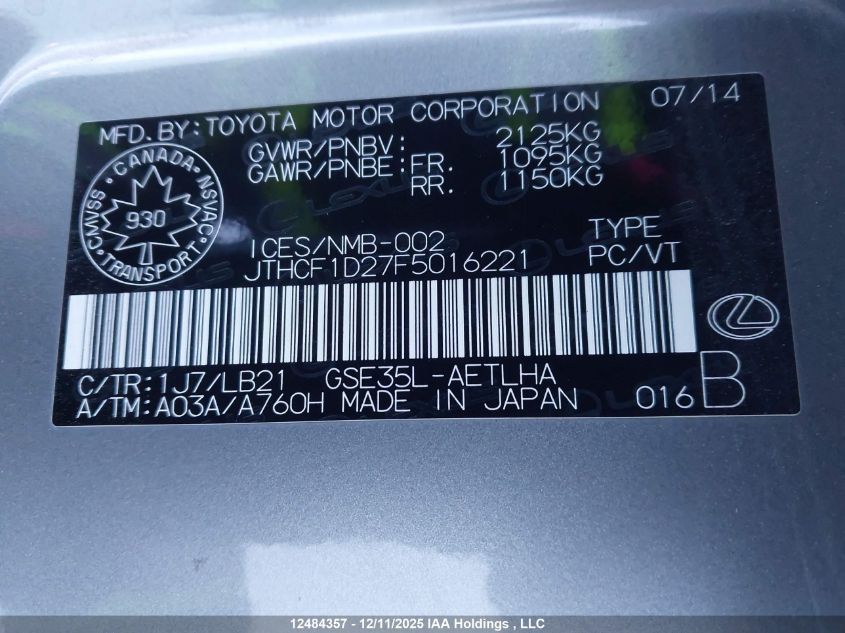 2015 Lexus Is 250 VIN: JTHCF1D27F5016221 Lot: 12484357