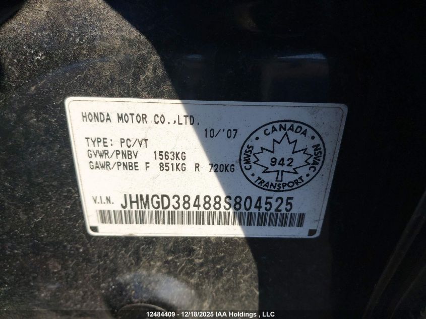 2008 Honda Fit Dx/Lx VIN: JHMGD38488S804525 Lot: 12484409