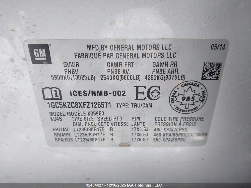 2015 Chevrolet Silverado K3500 Lt VIN: 1GC5KZC8XFZ126571 Lot: 12484427