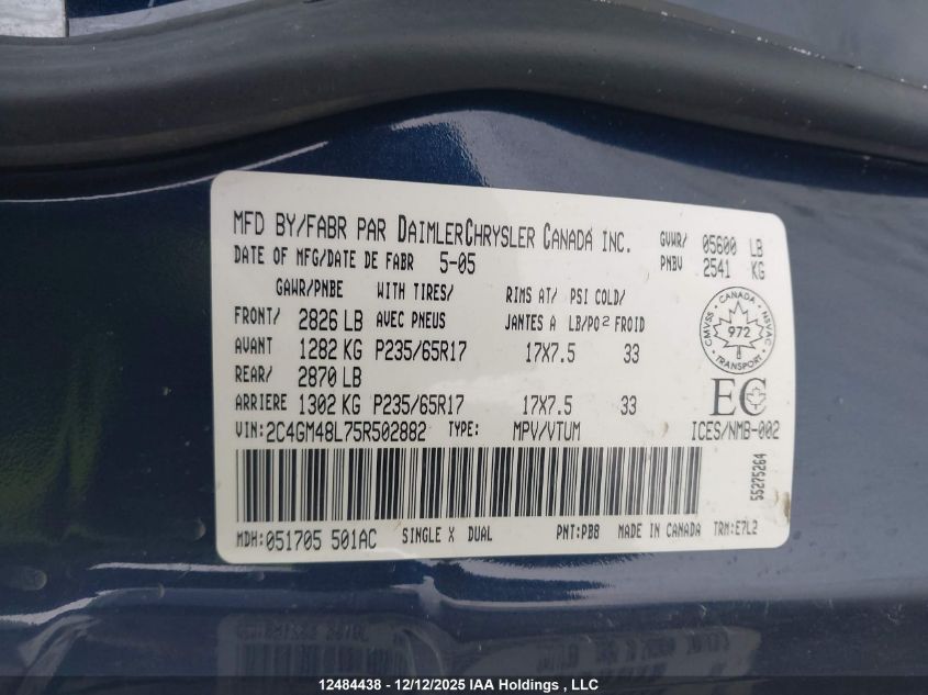 2005 Chrysler Pacifica VIN: 2C4GM48L75R502882 Lot: 12484438