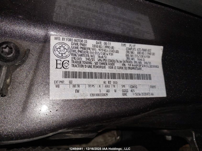 2012 Ford Focus Se VIN: 1FAHP3F2XCL223082 Lot: 12484441