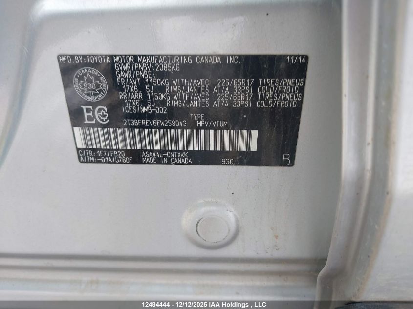 2015 Toyota Rav4 Le VIN: 2T3BFREV6FW258043 Lot: 12484444