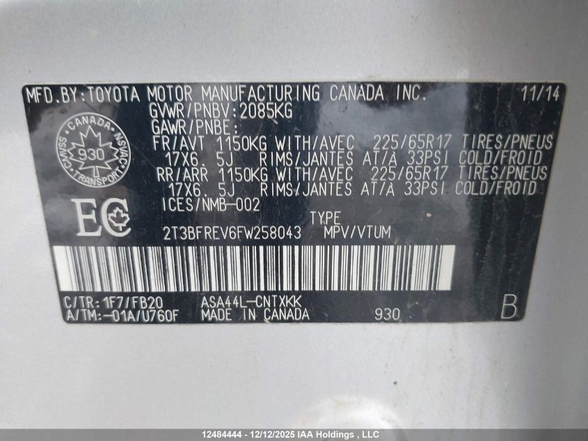 2015 Toyota Rav4 Le VIN: 2T3BFREV6FW258043 Lot: 12484444