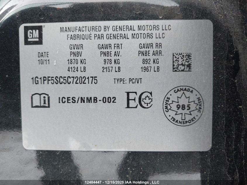 2012 Chevrolet Cruze Lt VIN: 1G1PF5SC5C7202175 Lot: 12484447