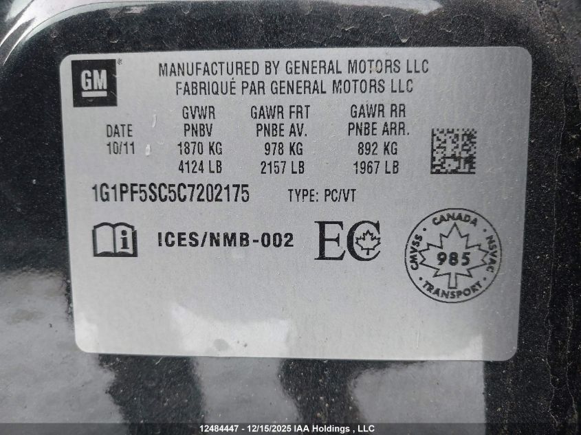 2012 Chevrolet Cruze Lt VIN: 1G1PF5SC5C7202175 Lot: 12484447