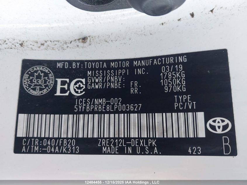 2020 Toyota Corolla Le VIN: 5YFBPRBE8LP003627 Lot: 12484455