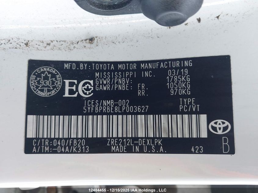 2020 Toyota Corolla Le VIN: 5YFBPRBE8LP003627 Lot: 12484455