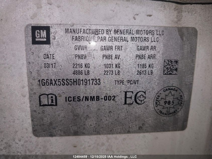 2017 Cadillac Cts Luxury VIN: 1G6AX5SS5H0191733 Lot: 12484459