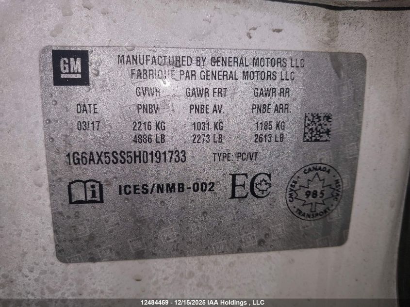 2017 Cadillac Cts Luxury VIN: 1G6AX5SS5H0191733 Lot: 12484459