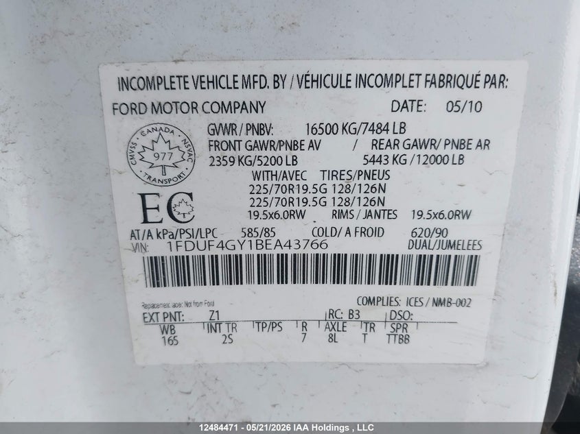 2011 Ford F450 Super Duty VIN: 1FDUF4GY1BEA43766 Lot: 12484471