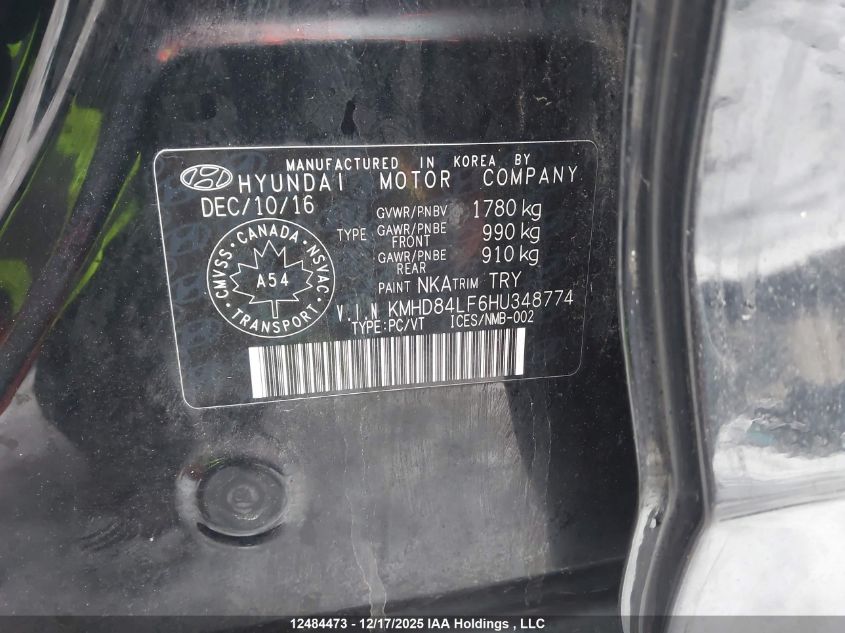 2017 Hyundai Elantra Gl VIN: KMHD84LF6HU348774 Lot: 12484473