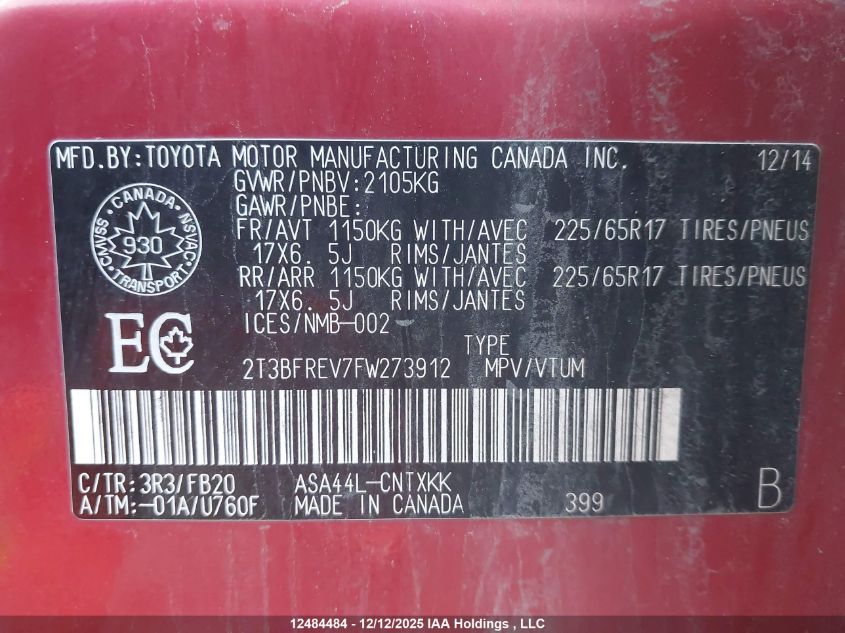 2015 Toyota Rav4 Le VIN: 2T3BFREV7FW273912 Lot: 12484484