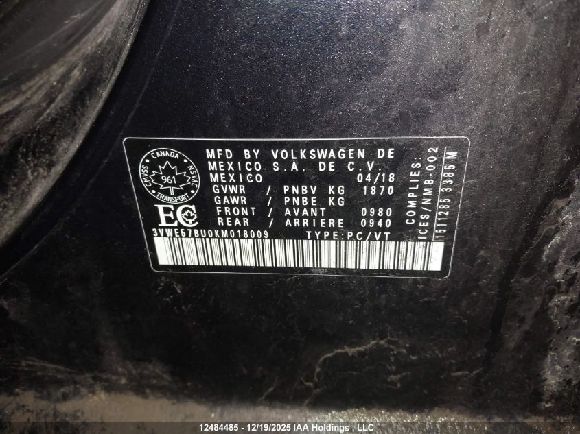 2019 Volkswagen Jetta Sel VIN: 3VWE57BU0KM018009 Lot: 12484485