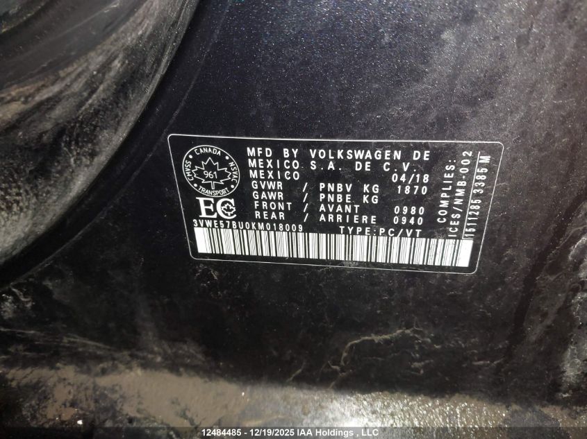 2019 Volkswagen Jetta Sel VIN: 3VWE57BU0KM018009 Lot: 12484485