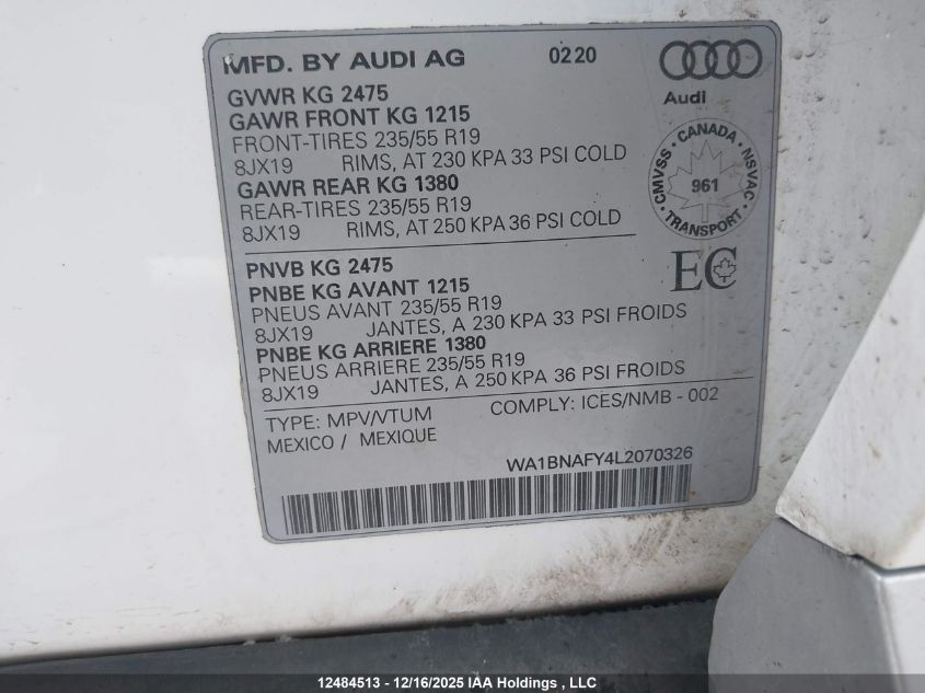 2020 Audi Q5 Premium Plus VIN: WA1BNAFY4L2070326 Lot: 12484513