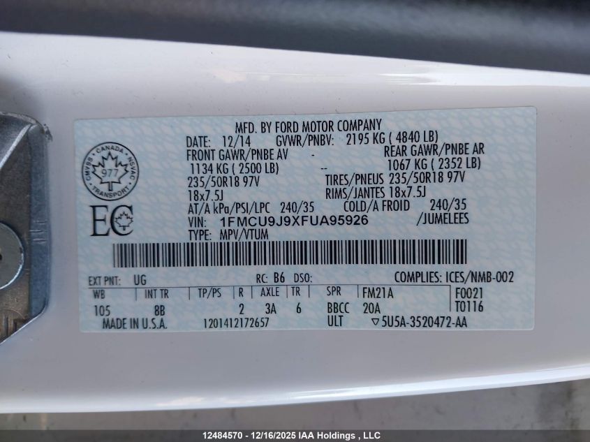 2015 Ford Escape Titanium VIN: 1FMCU9J9XFUA95926 Lot: 12484570