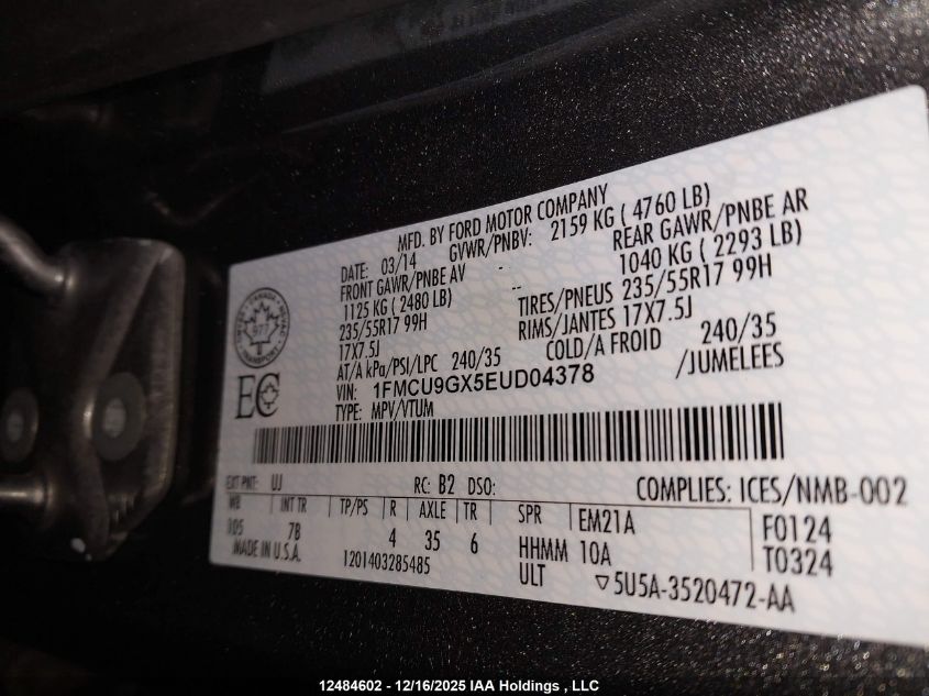 2014 Ford Escape Se VIN: 1FMCU9GX5EUD04378 Lot: 12484602