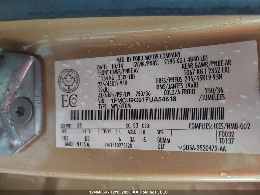 2015 Ford Escape Se VIN: 1FMCU9G91FUA54818 Lot: 12484659