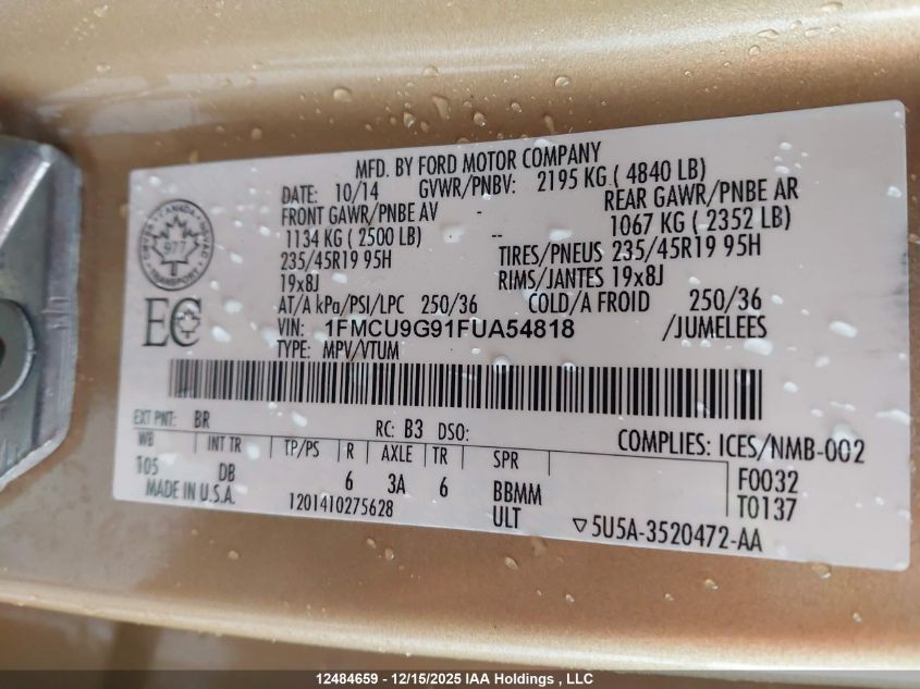 2015 Ford Escape Se VIN: 1FMCU9G91FUA54818 Lot: 12484659