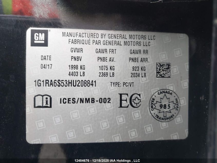 2017 Chevrolet Volt Lt VIN: 1G1RA6S53HU208841 Lot: 12484676