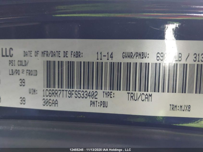 2015 Ram 1500 Slt VIN: 1C6RR7TT9FS533402 Lot: 12455245X