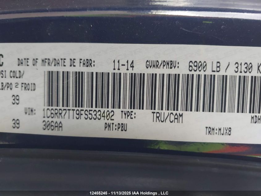 2015 Ram 1500 Slt VIN: 1C6RR7TT9FS533402 Lot: 12455245X